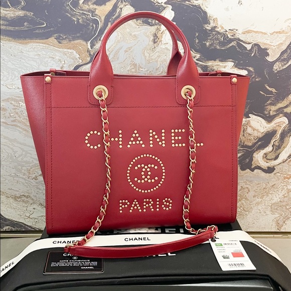 Sold! Chanel Medium Deauville Caviar Studded Red Leather Tote - Picture 4 of 15